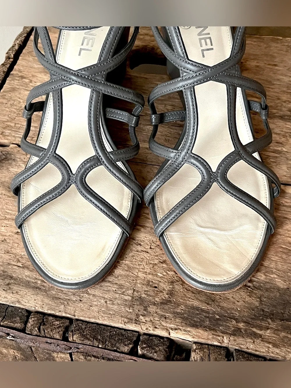 Chanel Grey Leather Strappy Cage Wedge Sandals Heels Shoes 40.5